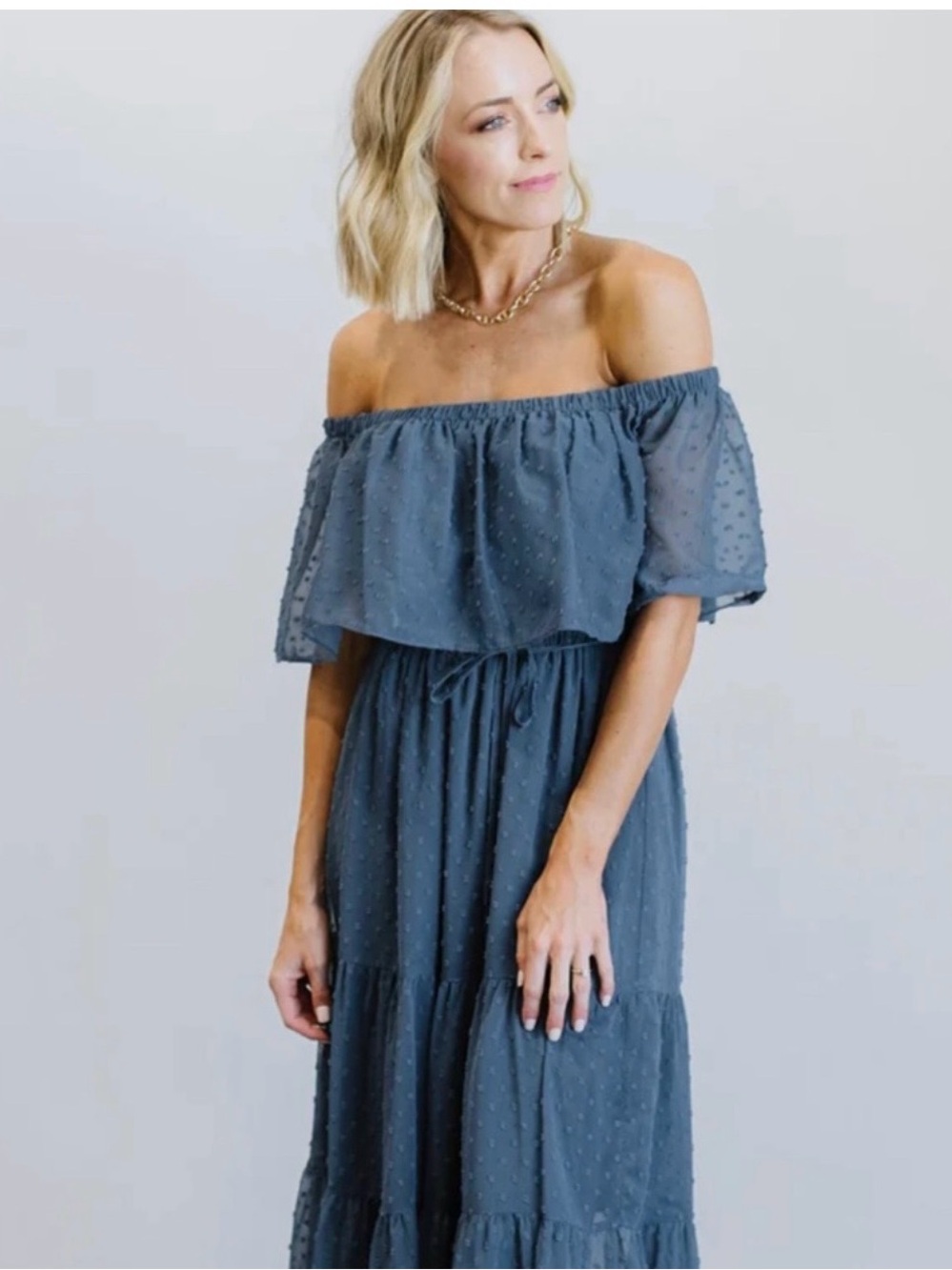 Off-Shoulder Blue Maxi Dress with Ruffle Bodice - Picture 4 of 9